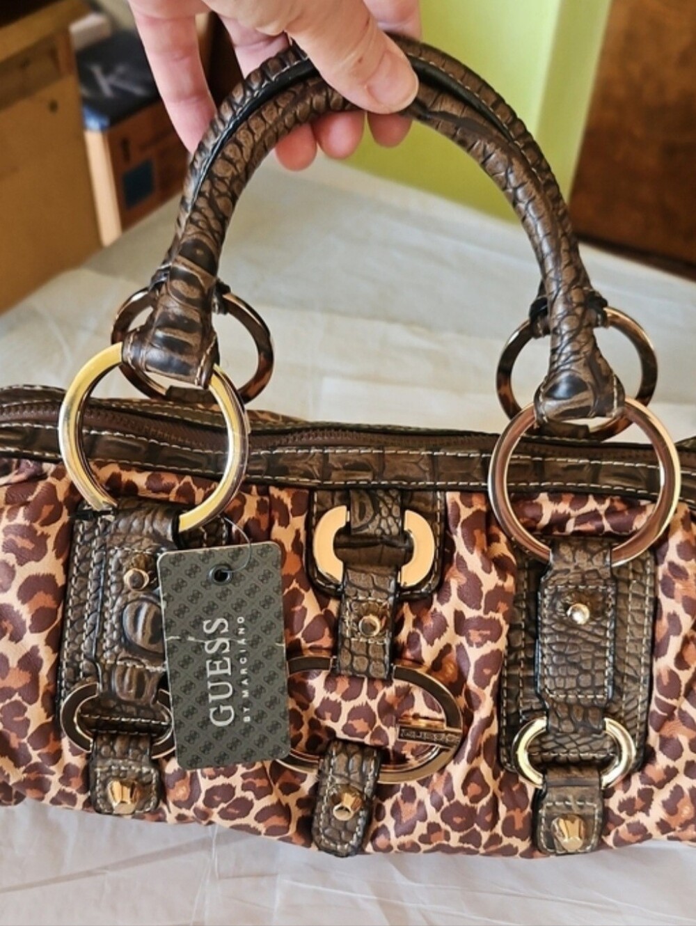 GUESS Leopard Print Satchel with Brown Trim and Gold Hardware